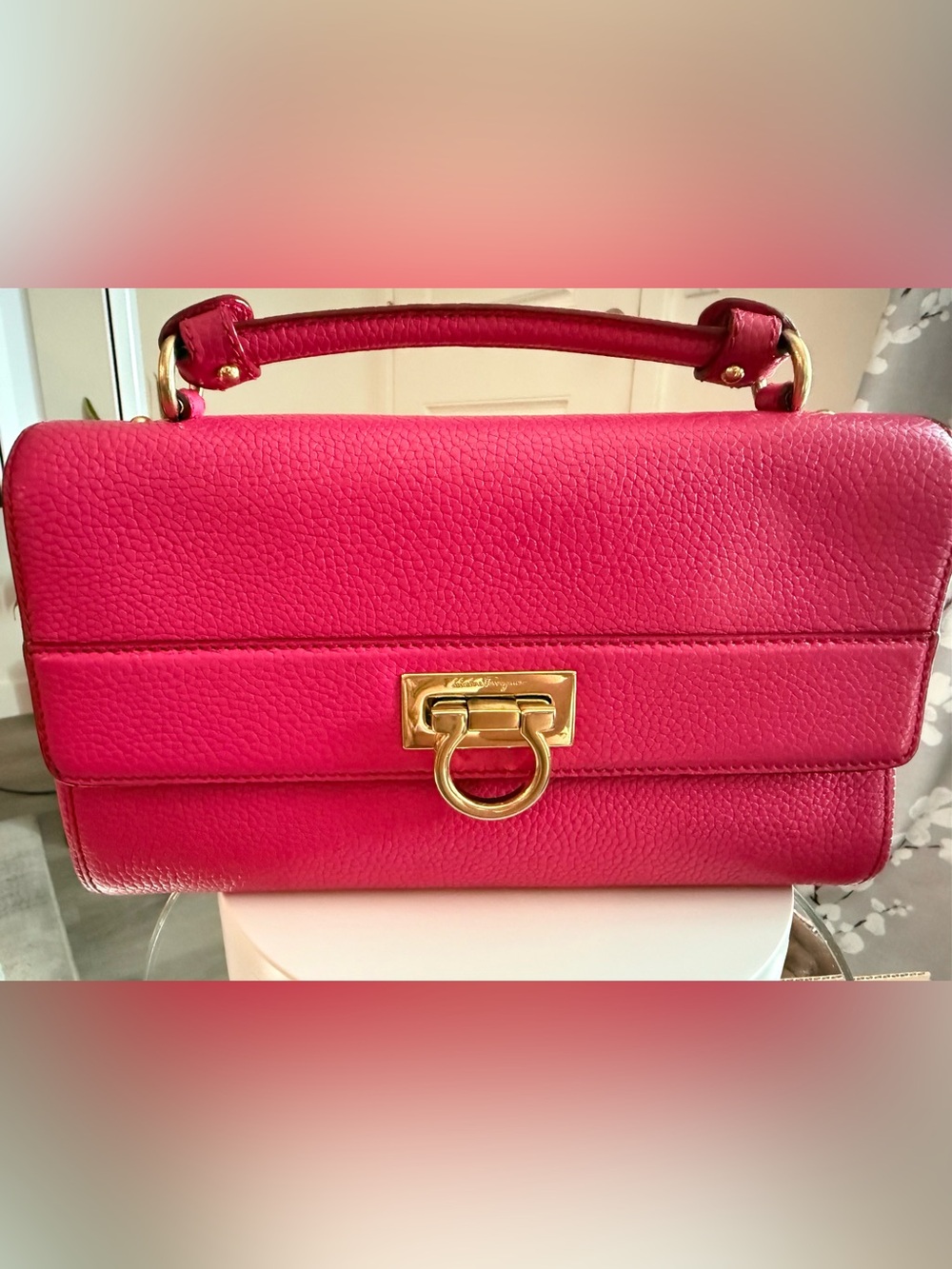 Salvatore Ferragamo Hot Pink Pebbled Leather Shoulder Bag with Gold Hardware